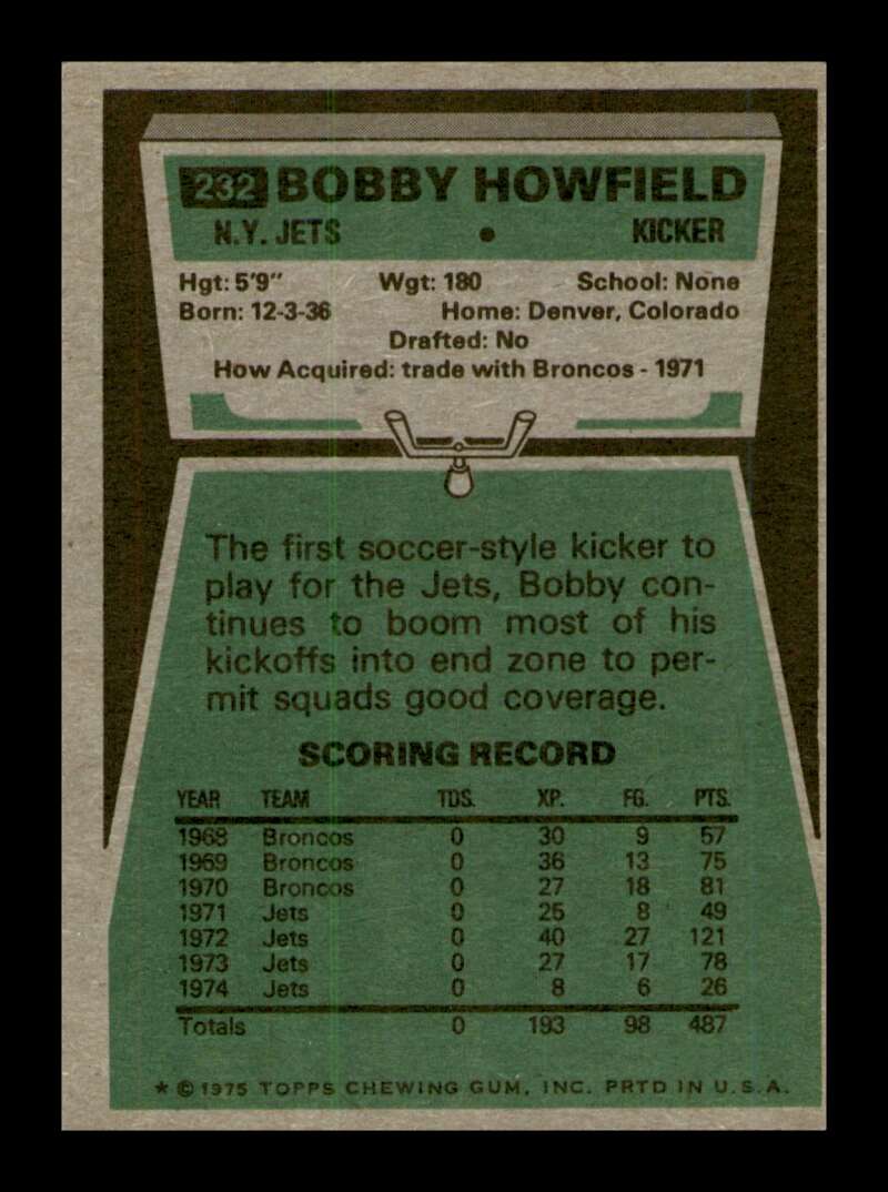 Load image into Gallery viewer, 1975 Topps Bobby Howfield #232 New York Jets Image 2
