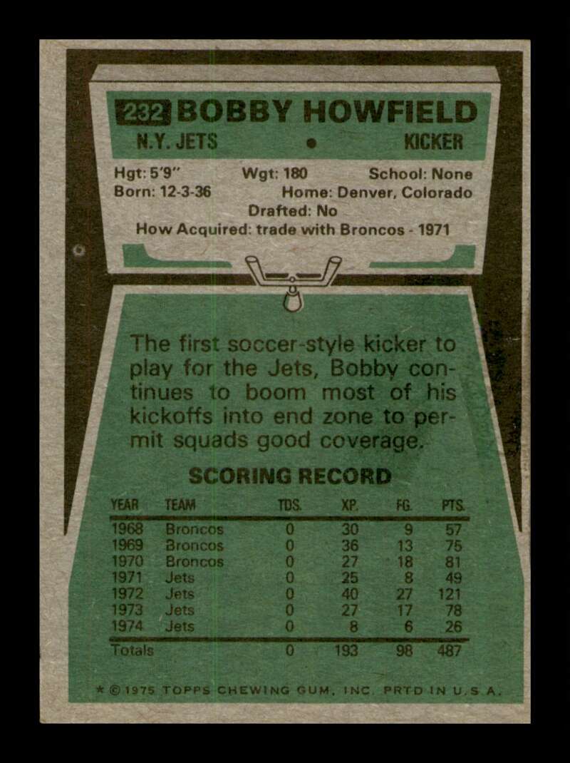 Load image into Gallery viewer, 1975 Topps Bobby Howfield #232 New York Jets Image 2
