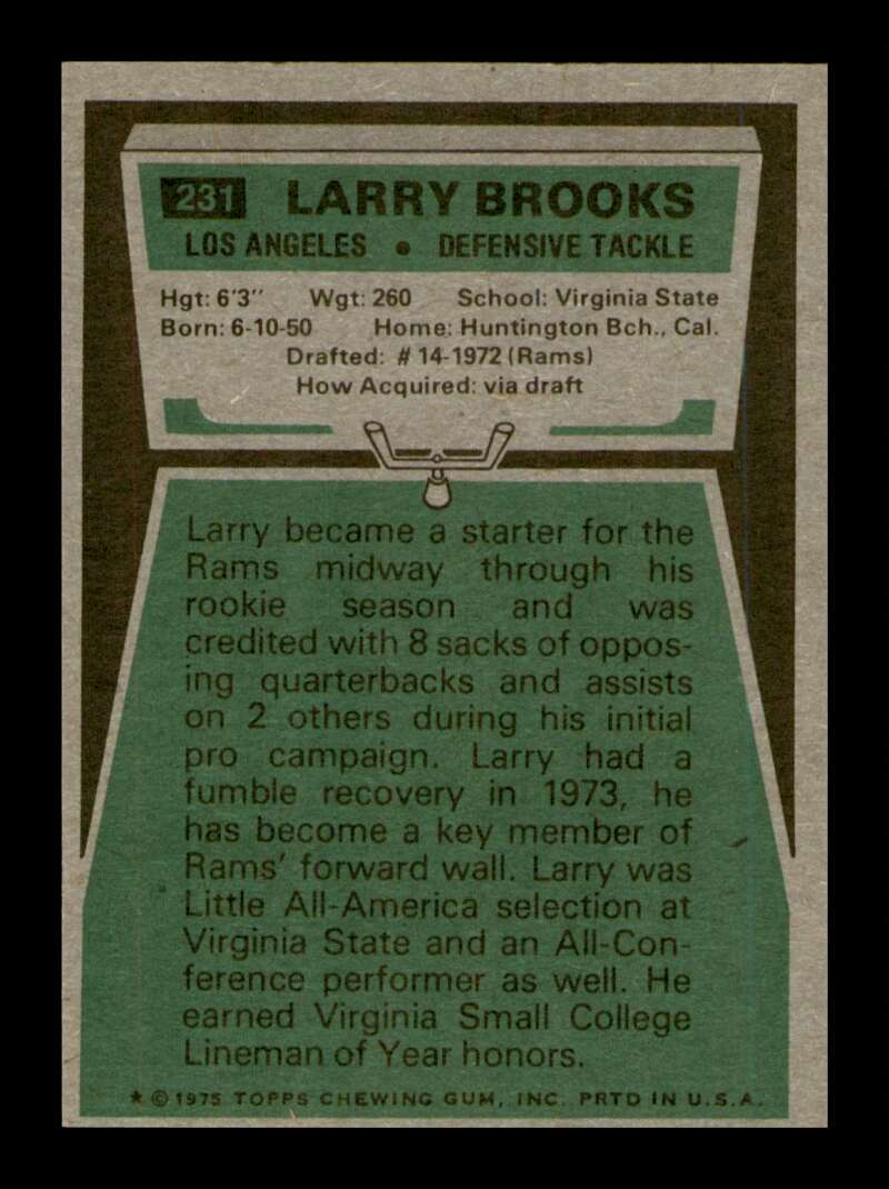 Load image into Gallery viewer, 1975 Topps Larry Brooks #231 Los Angeles Rams Image 2
