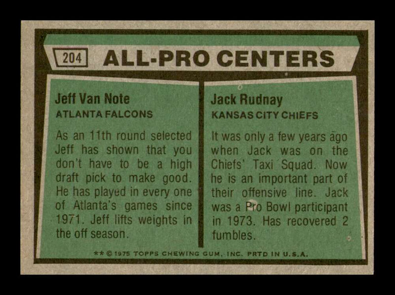 Load image into Gallery viewer, 1975 Topps Jeff Van Note Jack Rudnay #204 Atlanta Falcons Kansas City Chiefs Image 2
