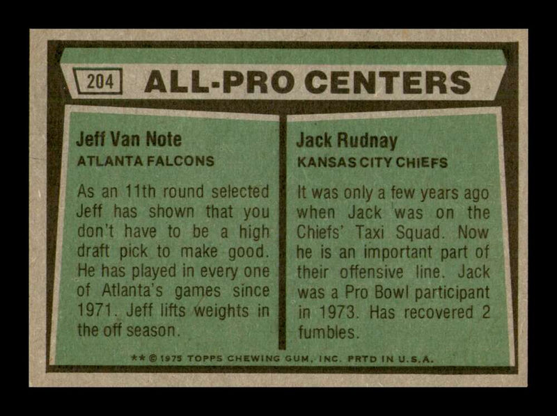 Load image into Gallery viewer, 1975 Topps Jeff Van Note Jack Rudnay #204 Atlanta Falcons Kansas City Chiefs Image 2
