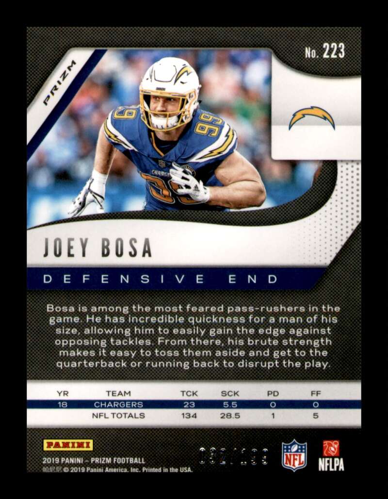 Load image into Gallery viewer, 2019 Panini Prizm Blue Wave Prizm Joey Bosa #223 SP Los Angeles Chargers /199 Image 2
