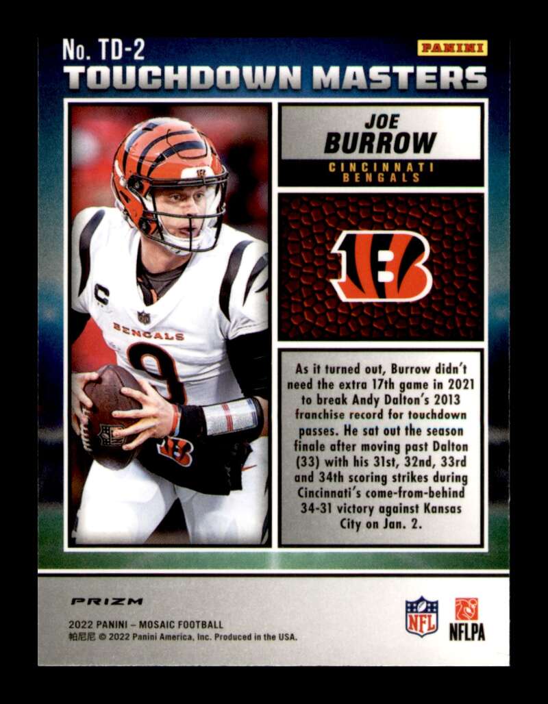 Load image into Gallery viewer, 2022 Panini Mosaic Touchdown Masters Green Mosaic Prizm Joe Burrow #TD-2 Bengals Image 2
