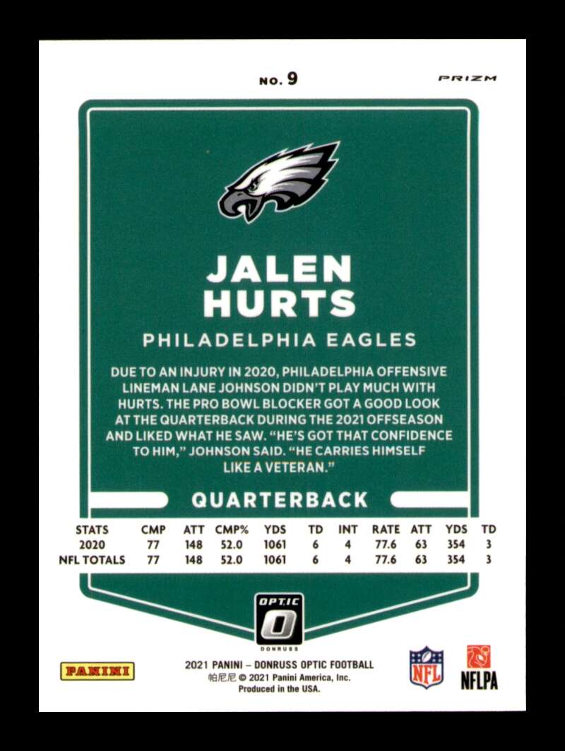 Load image into Gallery viewer, 2021 Donruss Optic Silver Prizm Jalen Hurts #9 SP Philadelphia Eagles Image 2
