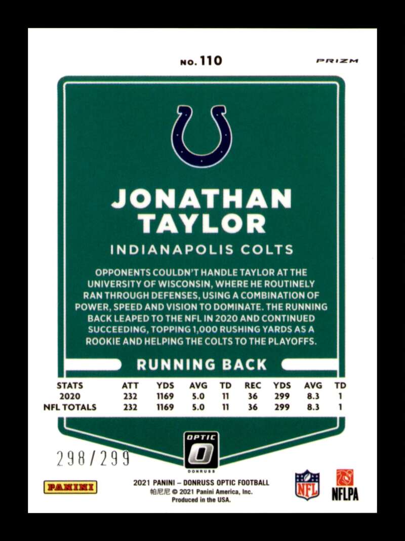 Load image into Gallery viewer, 2021 Donruss Optic Aqua Prizm Jonathan Taylor #110 SP Colts /299 Image 2
