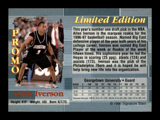 1996 Signature Stars Draft Pick Promo Allen Iverson Rookie RC Philadelphia 76ers Image 2