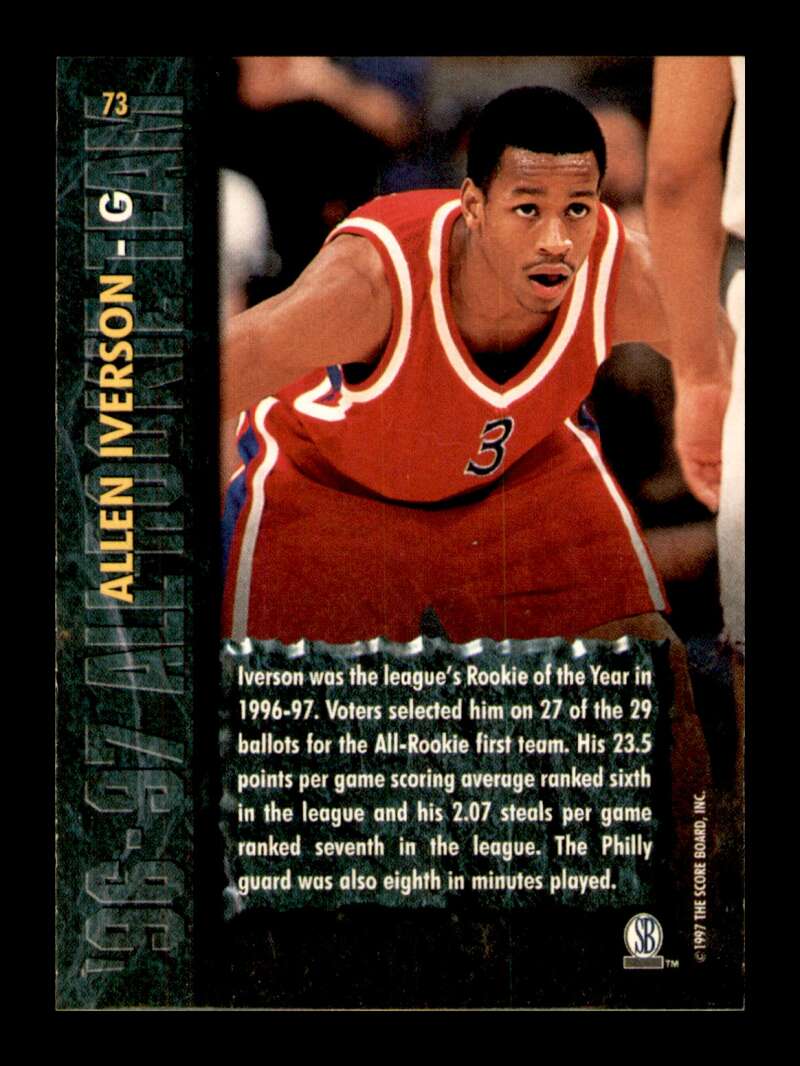 Load image into Gallery viewer, 1997-98 Score Board Rookies Dean&#39;s List Allen Iverson #73 Philadelphia 76ers Image 2
