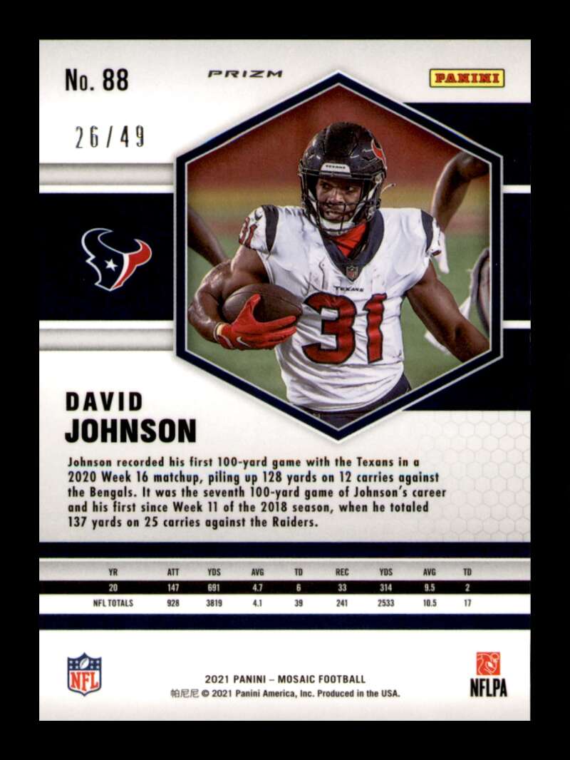 Load image into Gallery viewer, 2021 Panini Mosaic Purple Mosaic Prizm David Johnson #88 SP Houston Texans /49 Image 2
