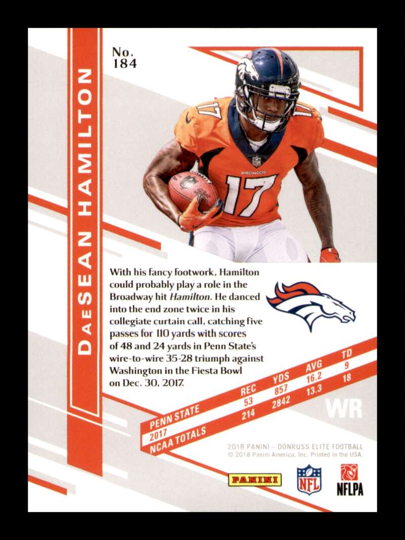 Load image into Gallery viewer, 2018 Donruss Elite Orange DaeSean Hamilton #184 Rookie RC SP Denver Broncos /25 Image 2
