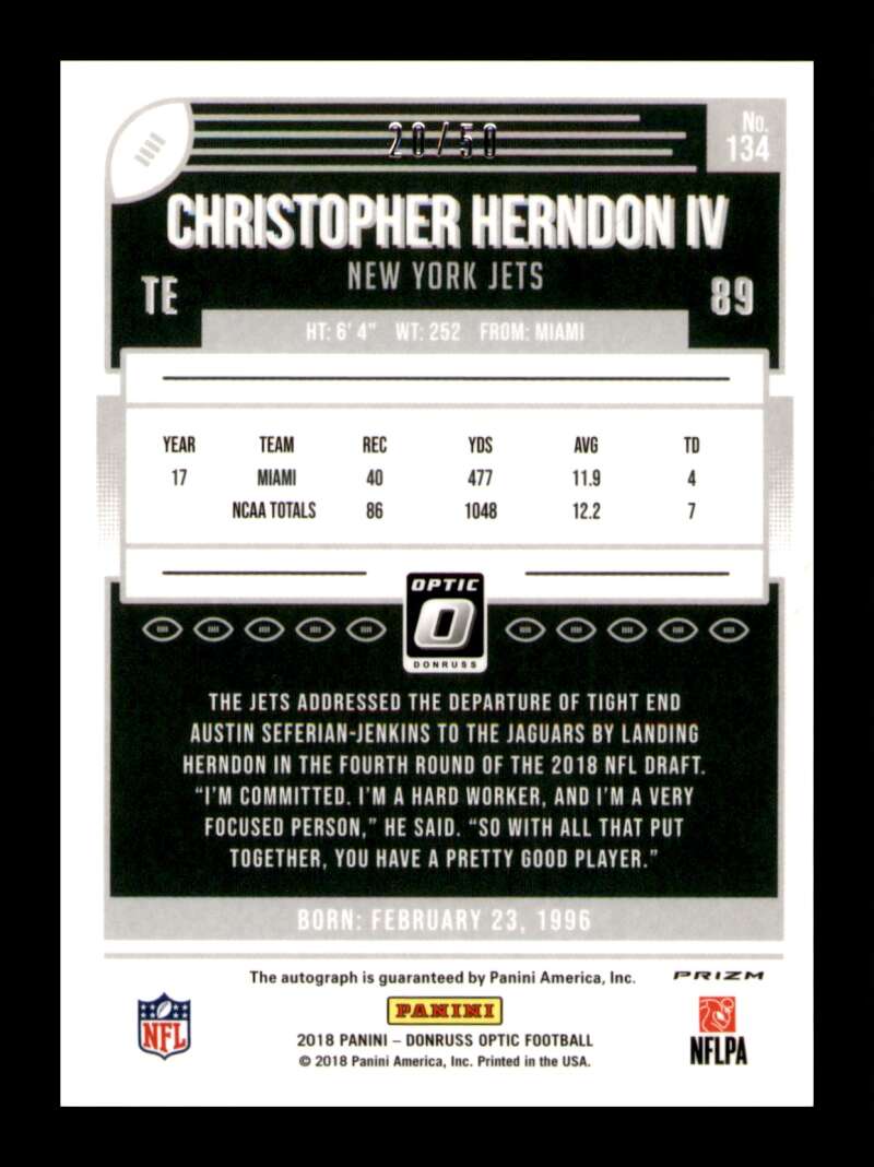 Load image into Gallery viewer, 2018 Donruss Optic Red Prizm Auto Christopher Herndon #134 Rookie RC Jets /50  Image 2
