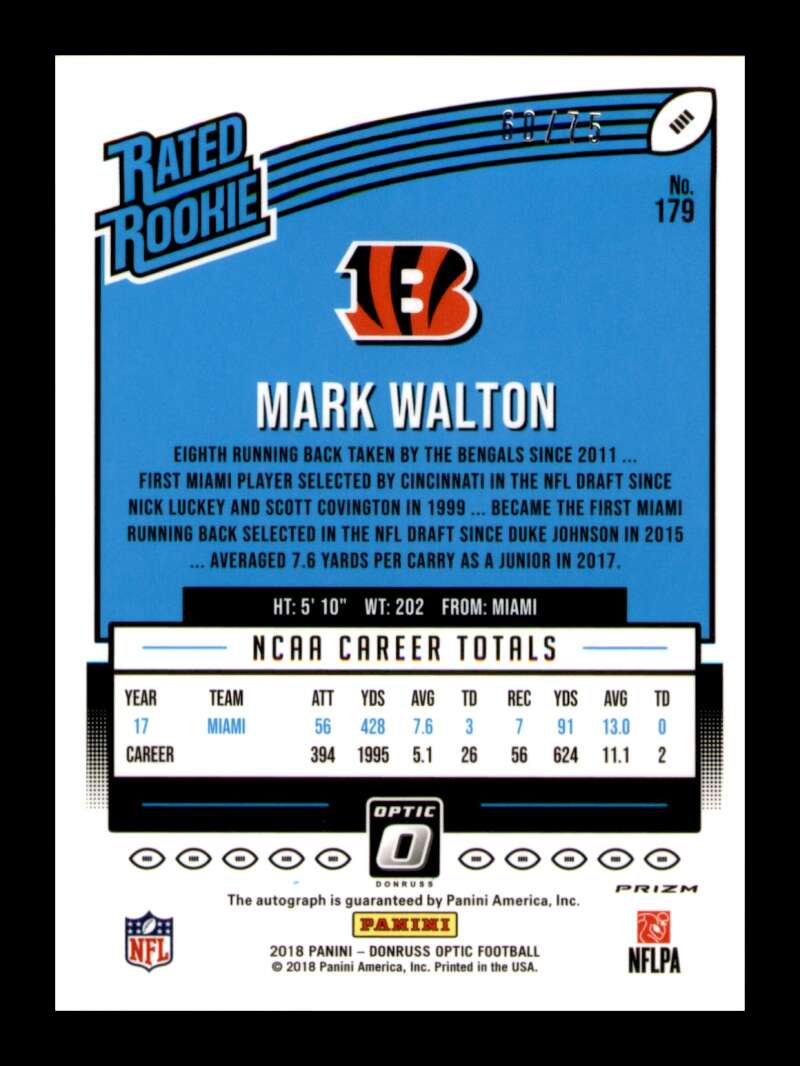 Load image into Gallery viewer, 2018 Donruss Optic Blue Prizm Auto Mark Walton #179 Rookie RC SP Autograph /75 Image 2
