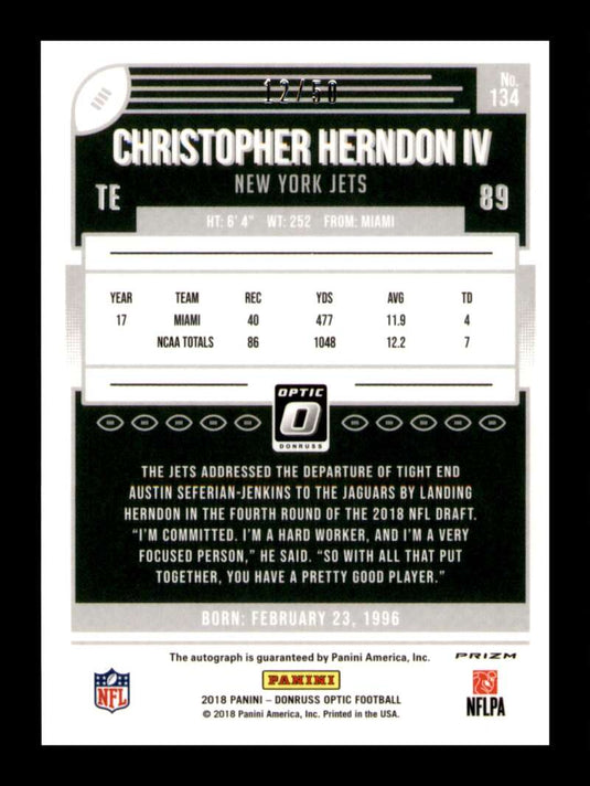 2018 Donruss Optic Red Prizm Auto Christopher Herndon