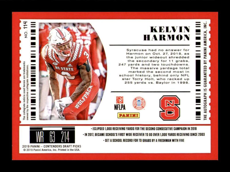 Load image into Gallery viewer, 2019 Contenders Draft Bowl Ticket Auto Kelvin Harmon #114 Rookie RC NC State /25 Image 2
