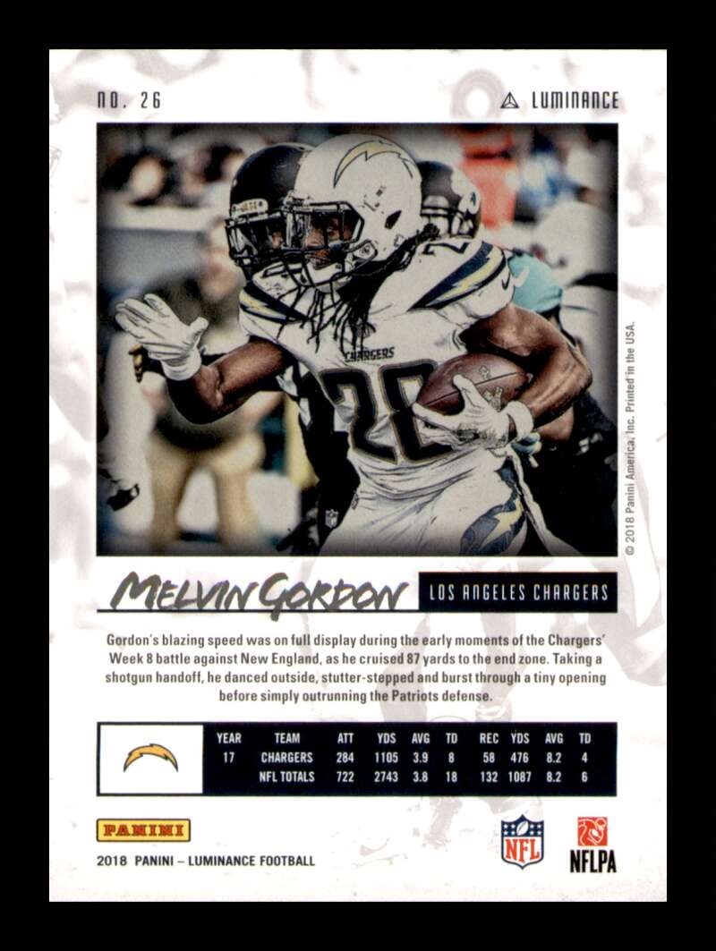 Load image into Gallery viewer, 2018 Panini Luminance Platinum Blue Melvin Gordon #26 Los Angeles Chargers /25 Image 2
