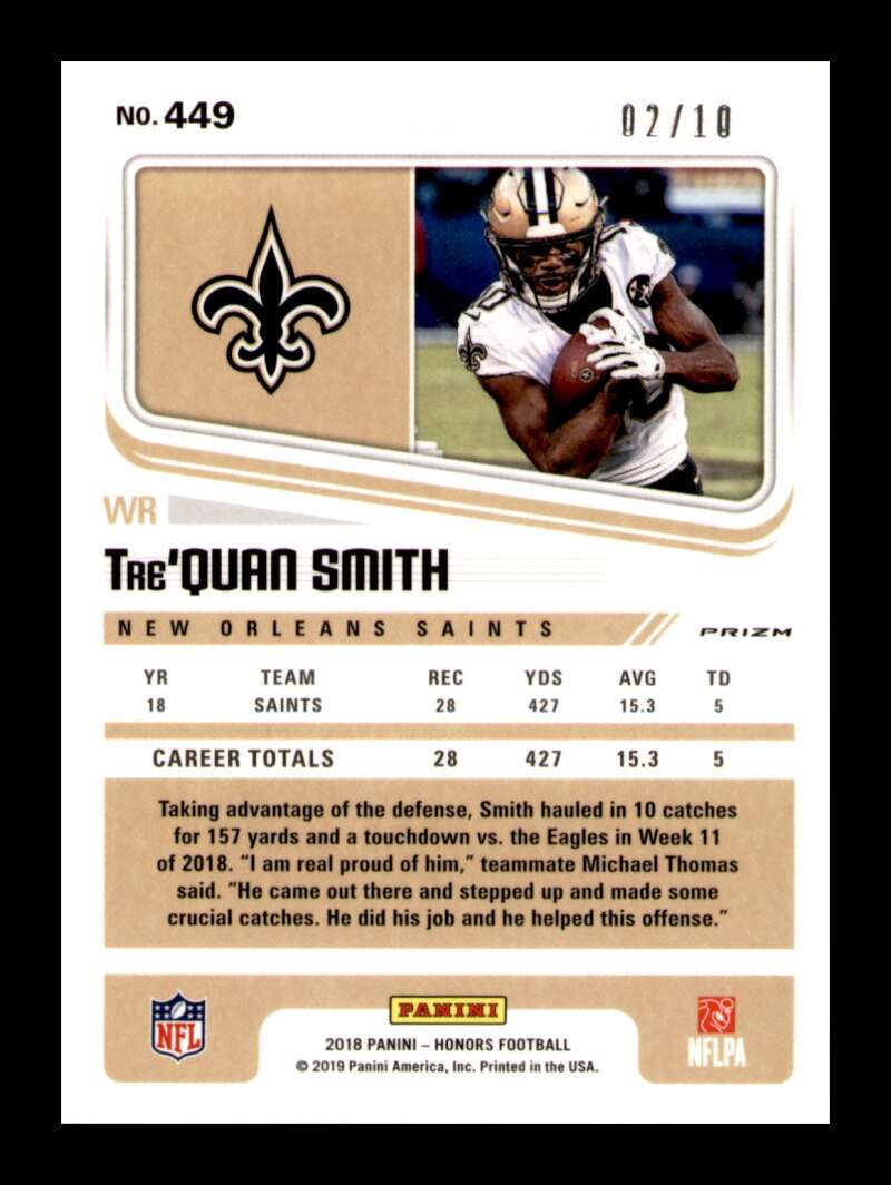 Load image into Gallery viewer, 2018 Panini Honors Score First Down Tre&#39;Quan Smith #449 Rookie RC SP Saints /10  Image 2
