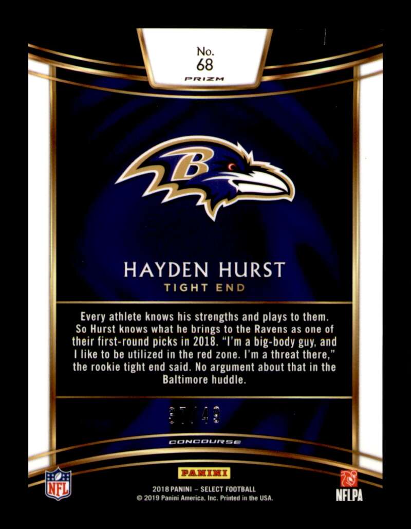 Load image into Gallery viewer, 2018 Panini Select Orange Prizm Hayden Hurst #68 Rookie RC Baltimore Ravens /49 Image 2
