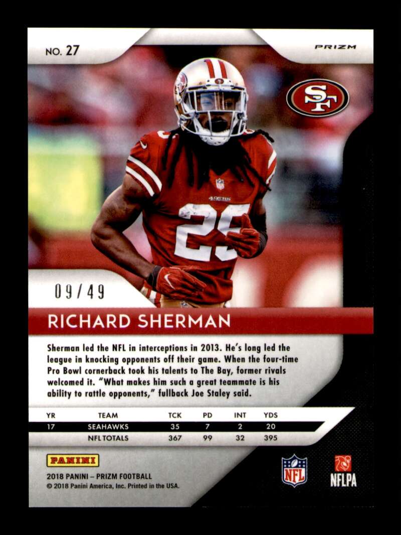 Load image into Gallery viewer, 2018 Panini Prizm Purple Power Prizm Richard Sherman #27 San Francisco 49ers /49 Image 2
