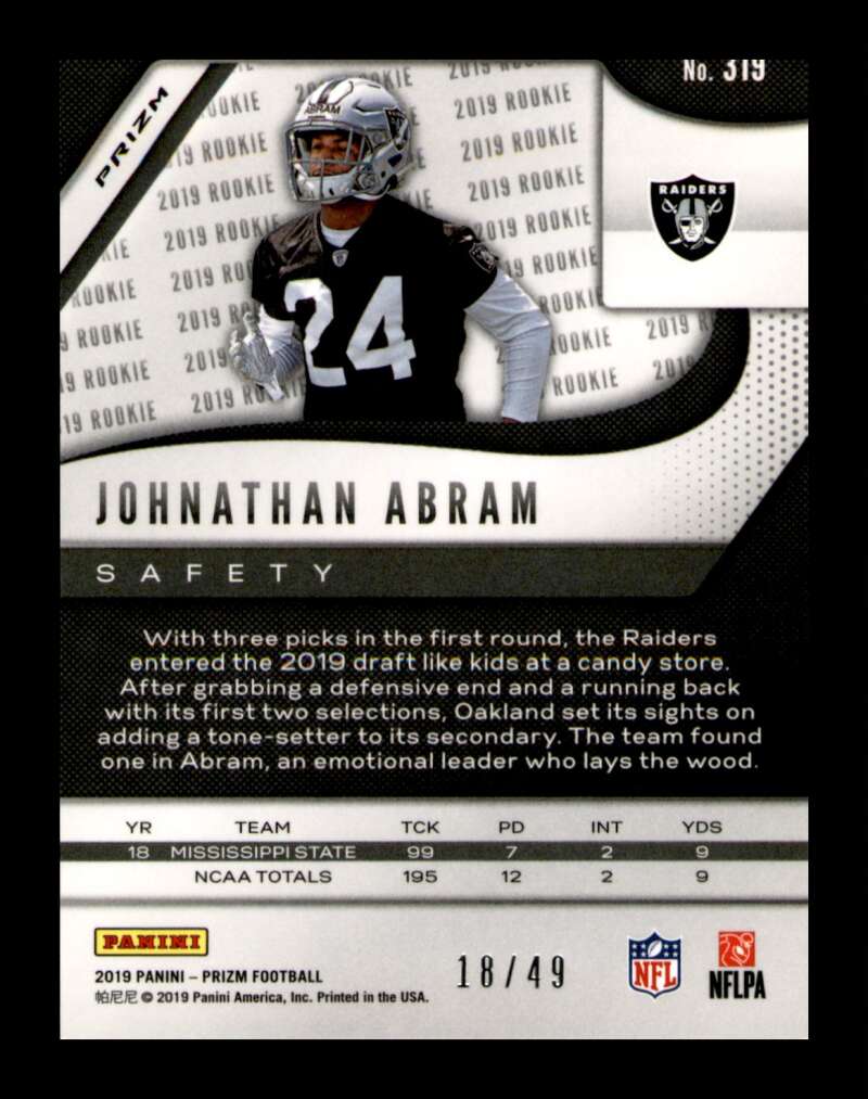 Load image into Gallery viewer, 2019 Panini Prizm Purple Power Prizm Johnathan Abram #319 Rookie RC Raiders /49  Image 2
