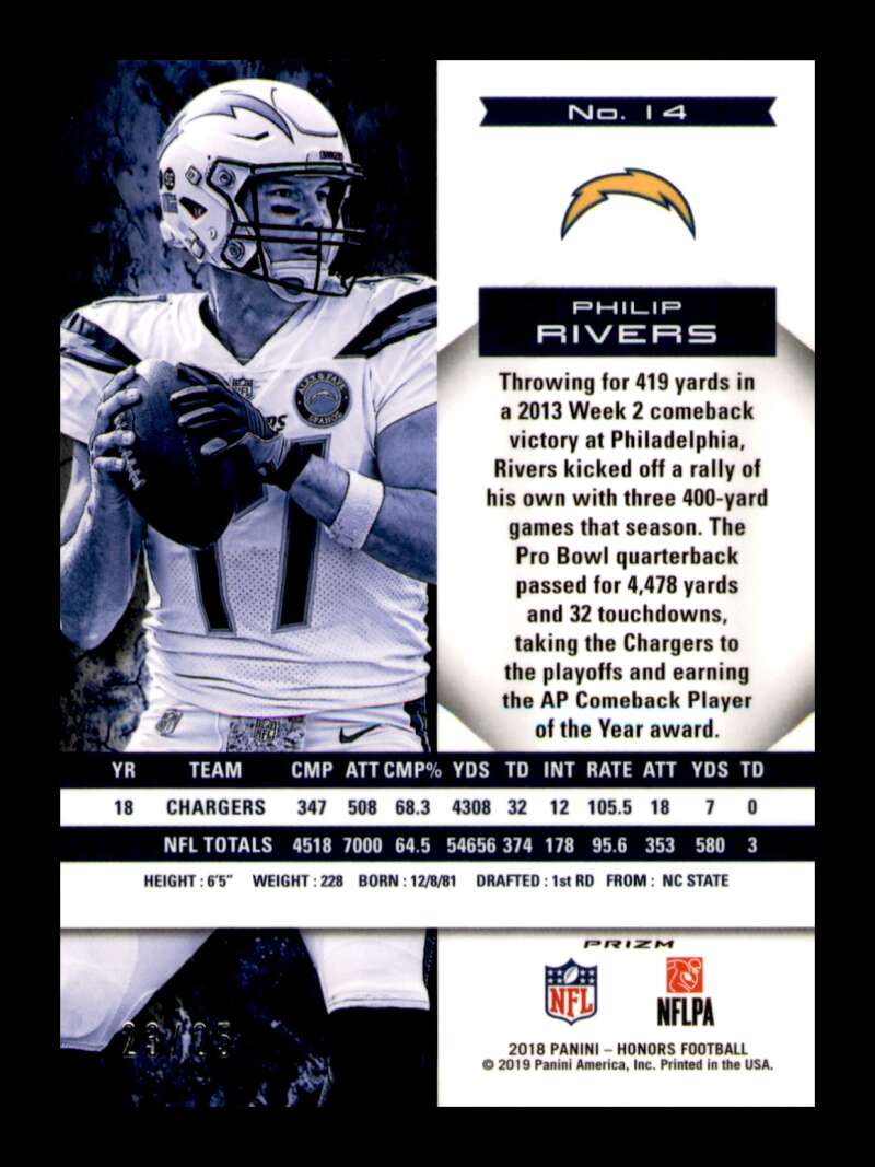 Load image into Gallery viewer, 2018 Panini Honors Blue Prizm Philip Rivers #14 SP SSP Los Angeles Chargers /25 Image 2
