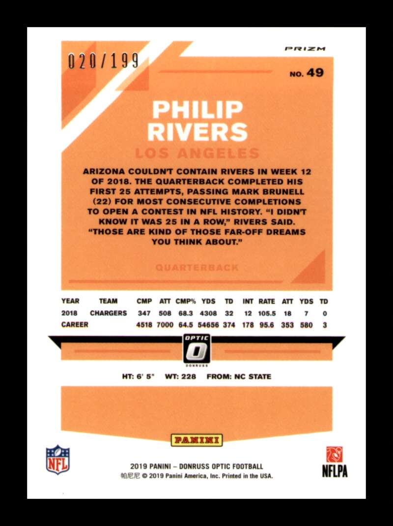 Load image into Gallery viewer, 2019 Donruss Optic Orange Prizm Philip Rivers #49 SP Los Angeles Chargers /199 Image 2
