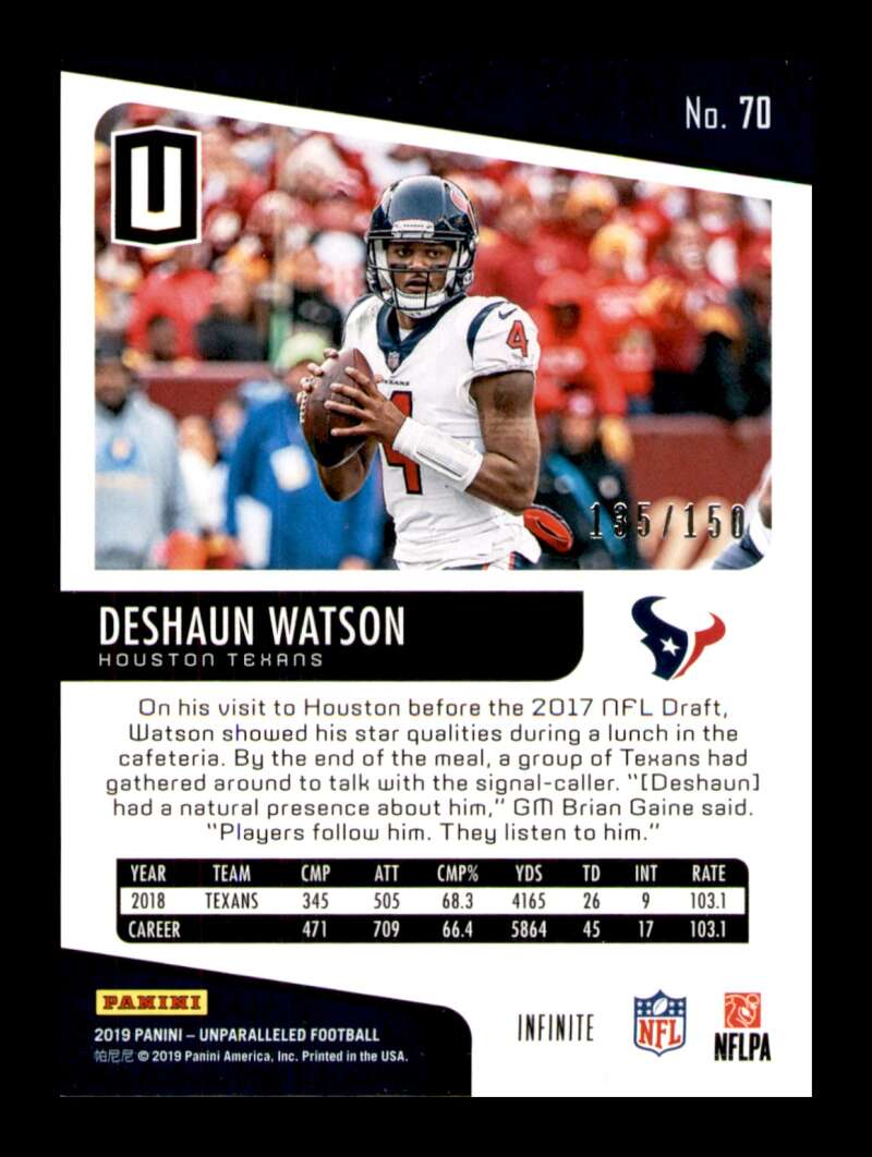 Load image into Gallery viewer, 2019 Panini Unparalleled Infinite Deshaun Watson #70 SP Houston Texans /150 Image 2
