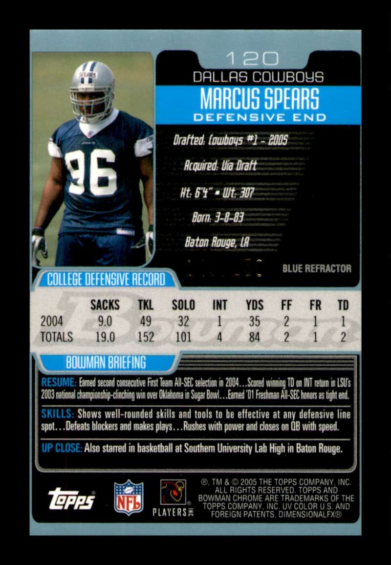 Load image into Gallery viewer, 2005 Bowman Chrome Blue Refractor Marcus Spears #120 Rookie RC SP Cowboys /250  Image 2
