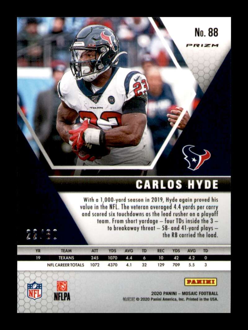 Load image into Gallery viewer, 2020 Panini Mosaic Fusion Red Choice Mosaic Prizm Carlos Hyde #88 Texans /80  Image 2
