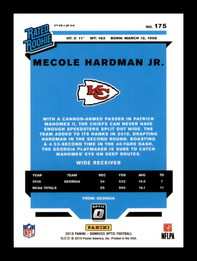 Load image into Gallery viewer, 2019 Donruss Optic Silver Prizm Mecole Hardman #175 Rookie RC Kansas City Cheifs Image 2
