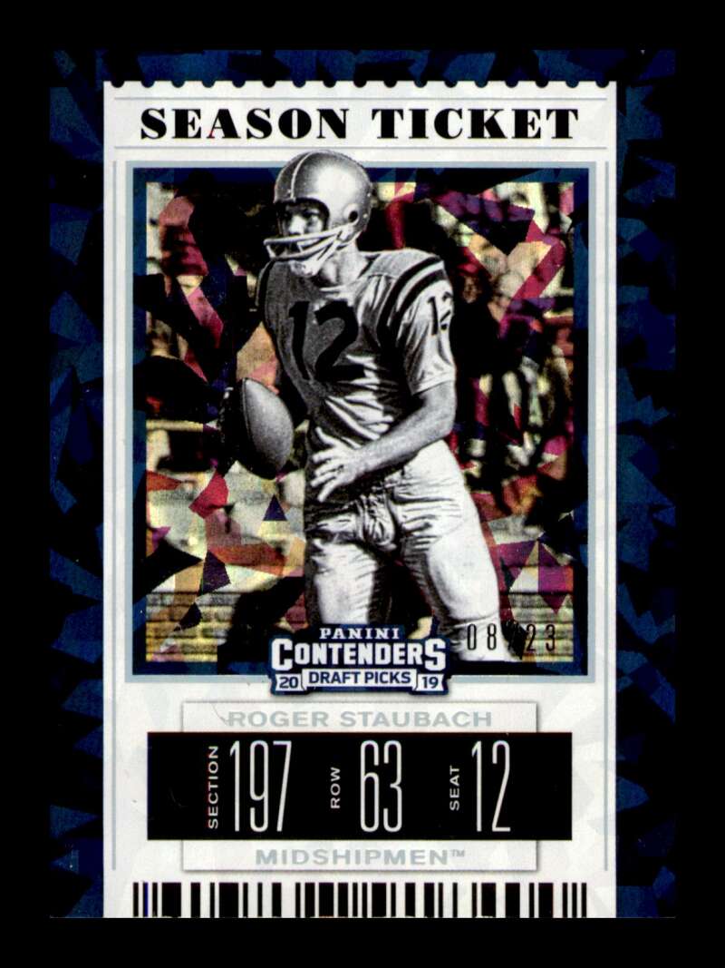 Load image into Gallery viewer, 2019 Contenders Draft Season Ticket Cracked Ice Roger Staubach #86 SP Navy /23 Image 1
