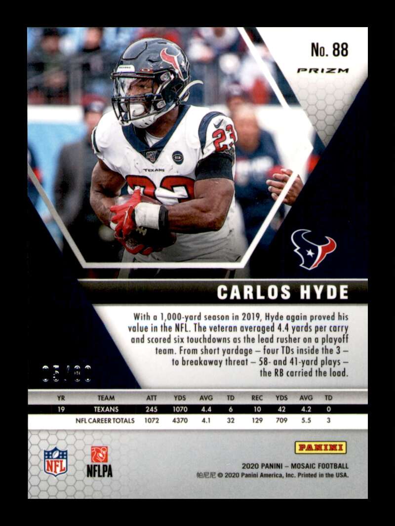 Load image into Gallery viewer, 2020 Panini Mosaic Fusion Red Choice Mosaic Prizm Carlos Hyde #88 SP Texans /80  Image 2
