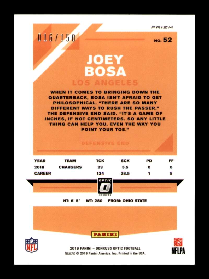 Load image into Gallery viewer, 2019 Donruss Optic Blue Prizm Joey Bosa #52 SP Los Angeles Chargers /150 Image 2
