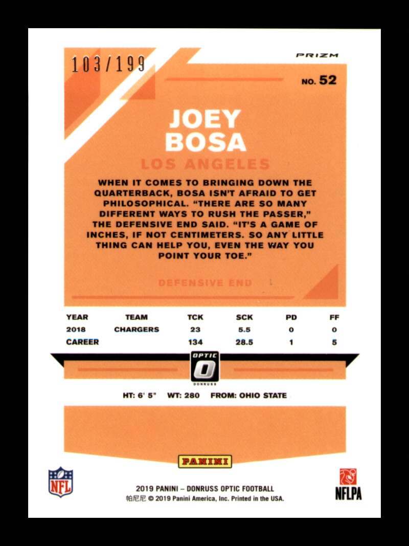 Load image into Gallery viewer, 2019 Donruss Optic Orange Prizm Joey Bosa #52 SP Los Angeles Chargers /199 Image 2
