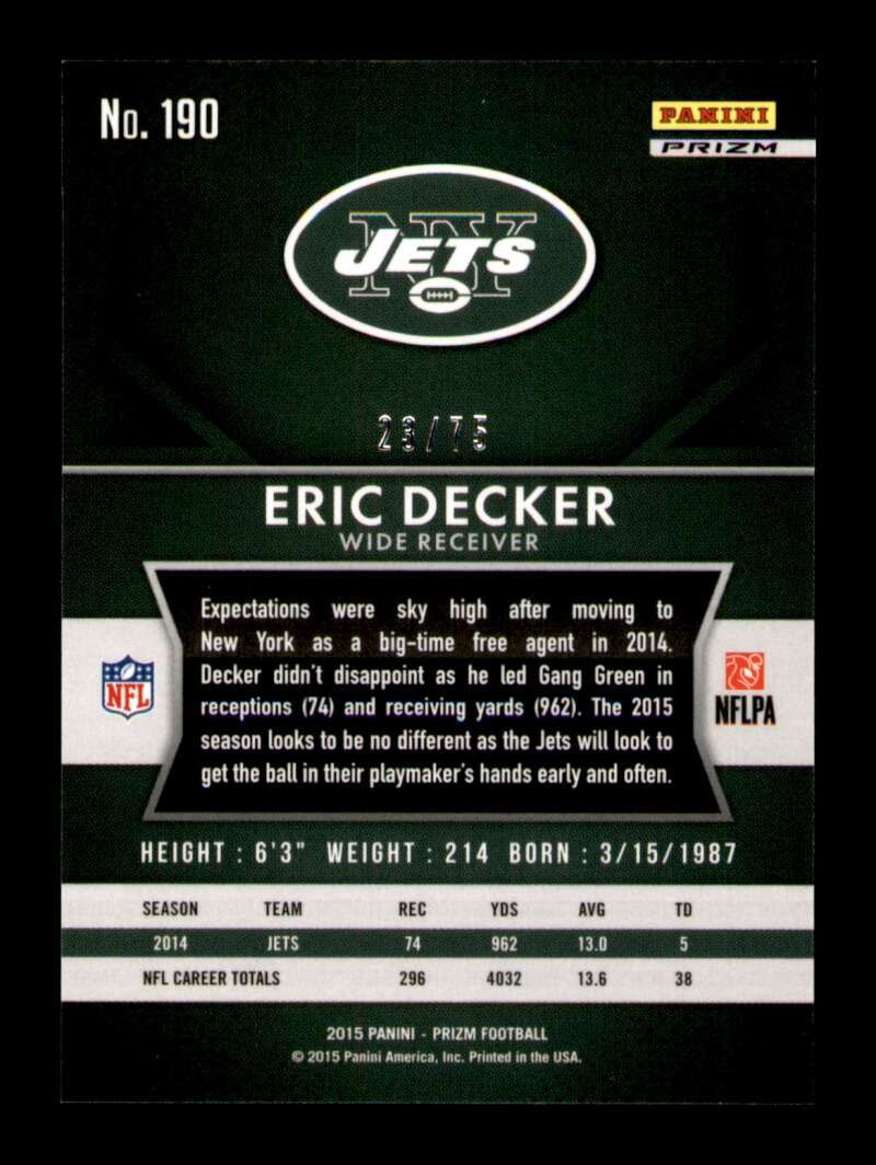 Load image into Gallery viewer, 2015 Panini Prizm Green Crystals Prizm Eric Decker #190 SP New York Jets /75  Image 2
