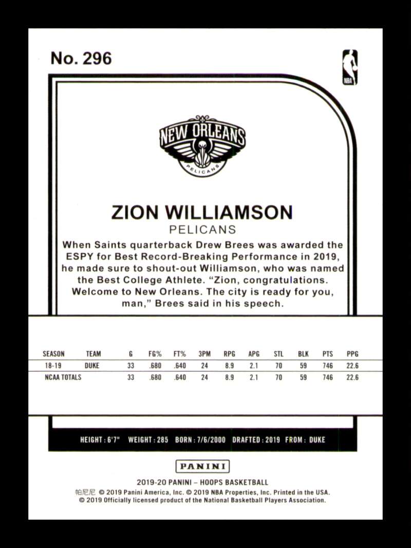 Load image into Gallery viewer, 2019-20 Hoops Zion Williamson #296 Rookie RC New Orleans Pelicans Image 2
