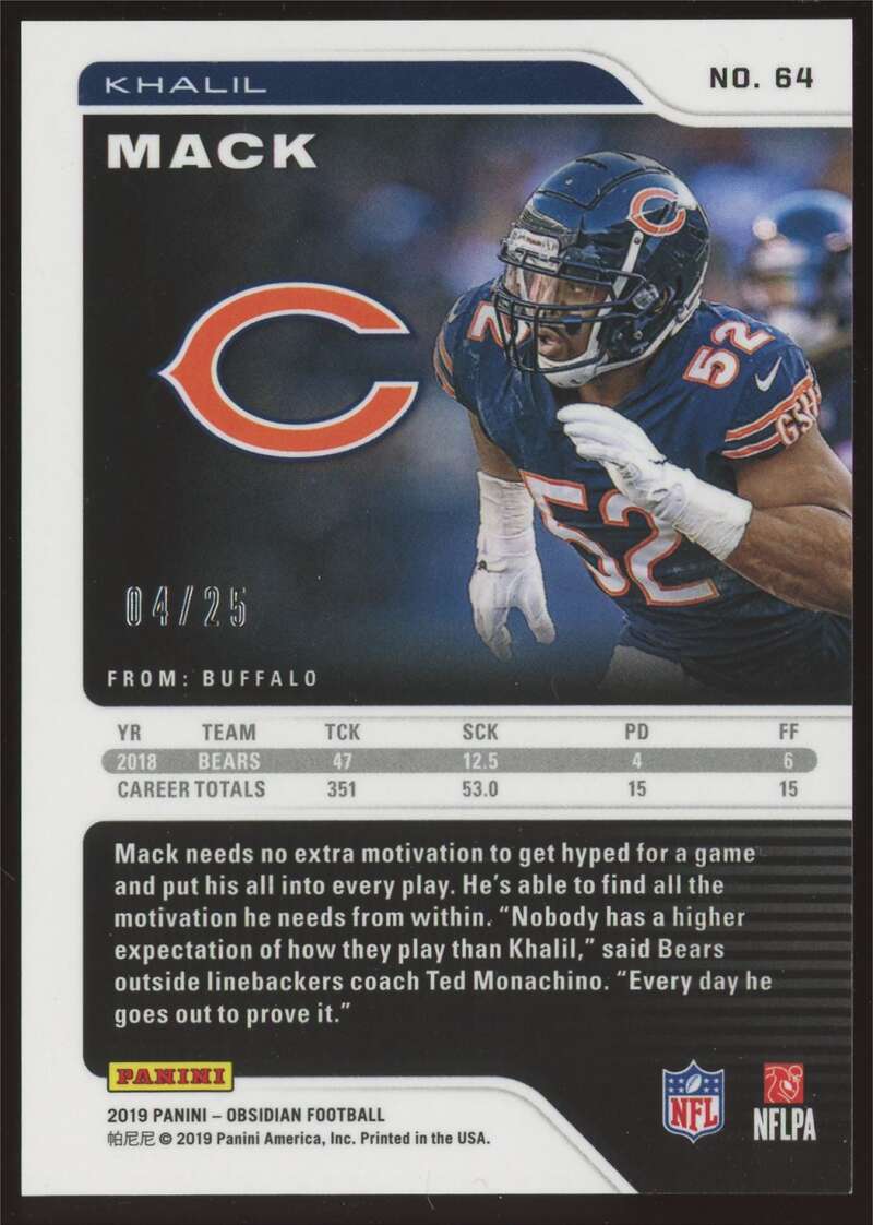 Load image into Gallery viewer, 2019 Panini Obsidian Electric Etch Green Khalil Mack #64 SP Chicago Bears /25 Image 2
