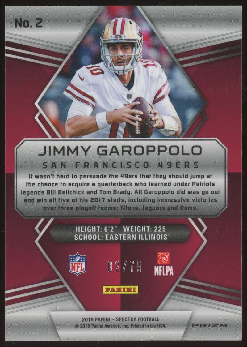 Load image into Gallery viewer, 2018 Panini Spectra Neon Blue Jimmy Garoppolo #2 SP San Francisco 49ers /75 Image 2
