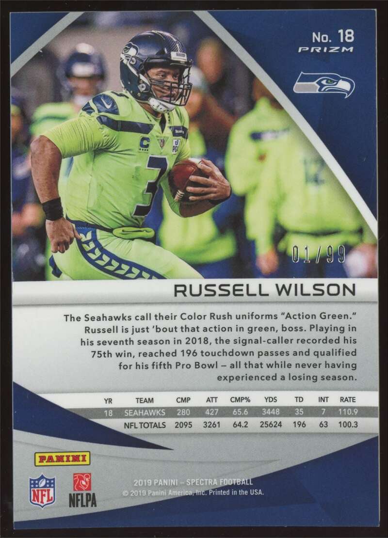 Load image into Gallery viewer, 2019 Panini Spectra Russell Wilson #18 Seattle Seahawks /99 Image 2
