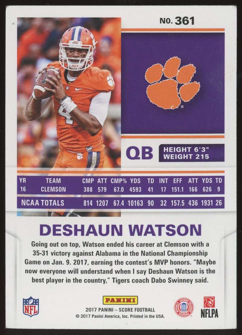 Load image into Gallery viewer, 2017 Panini Score Deshaun Watson #361 Rookie RC Clemson Tigers Image 2
