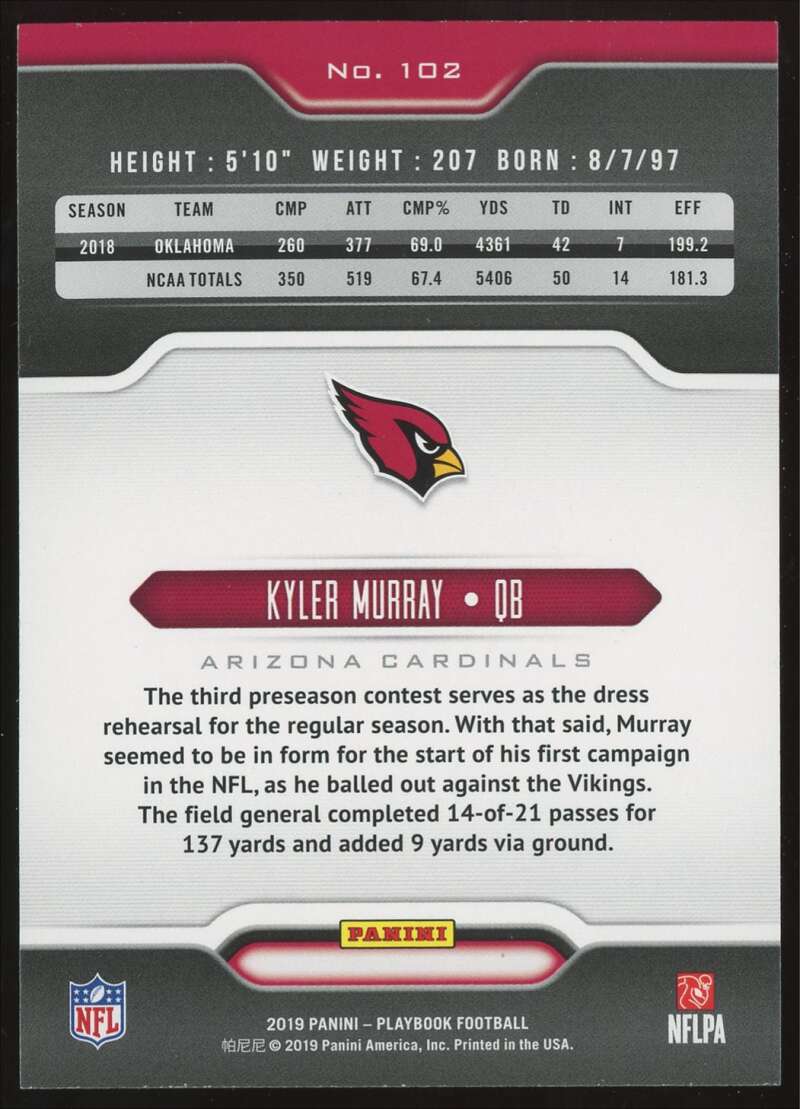 Load image into Gallery viewer, 2019 Panini Playbook Kyler Murray #102 Rookie RC Arizona Cardinals Image 2
