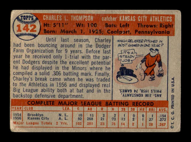 Load image into Gallery viewer, 1957 Topps Charley Thompson #142 Kansas City Athletics Image 2
