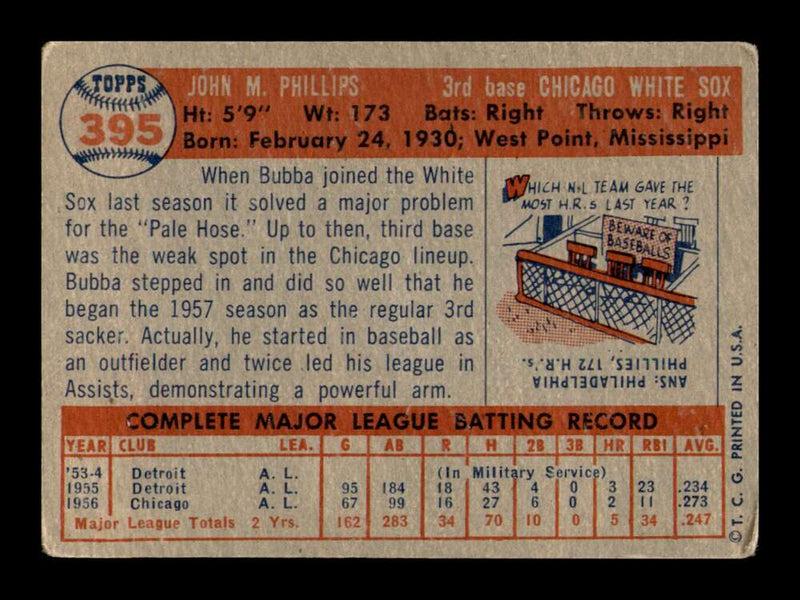 Load image into Gallery viewer, 1957 Topps Bubba Phillips #395 Chicago White Sox Image 2
