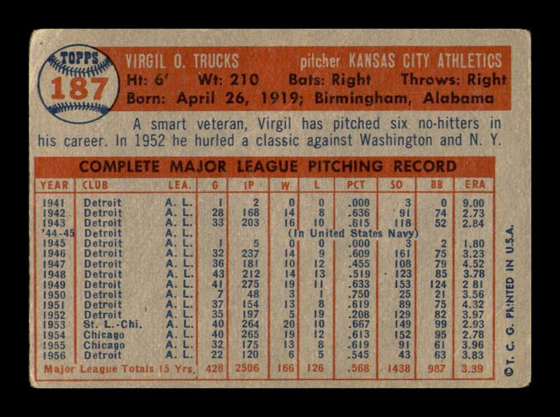 Load image into Gallery viewer, 1957 Topps Virgil Trucks #187 Crease Kansas City Athletics Image 2
