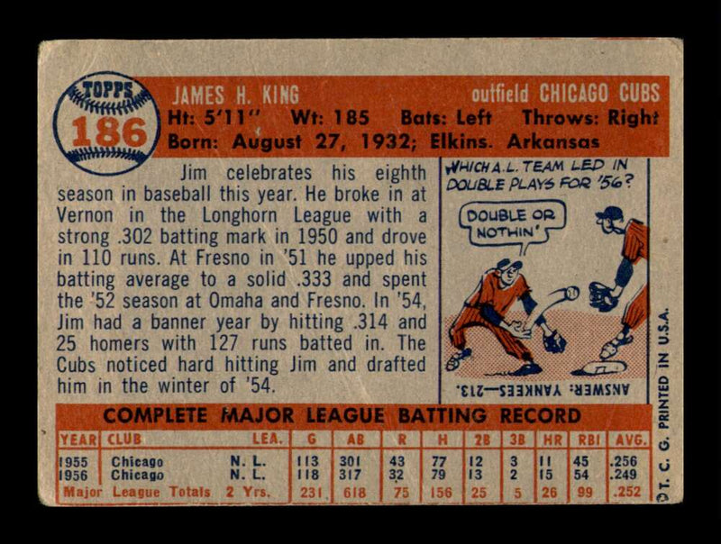 Load image into Gallery viewer, 1957 Topps Jim King #186 Crease Chicago Cubs Image 2
