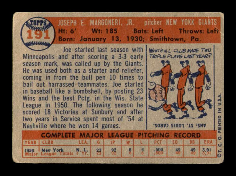 Load image into Gallery viewer, 1957 Topps Joe Margoneri #191 Crease Rookie RC New York Giants Image 2
