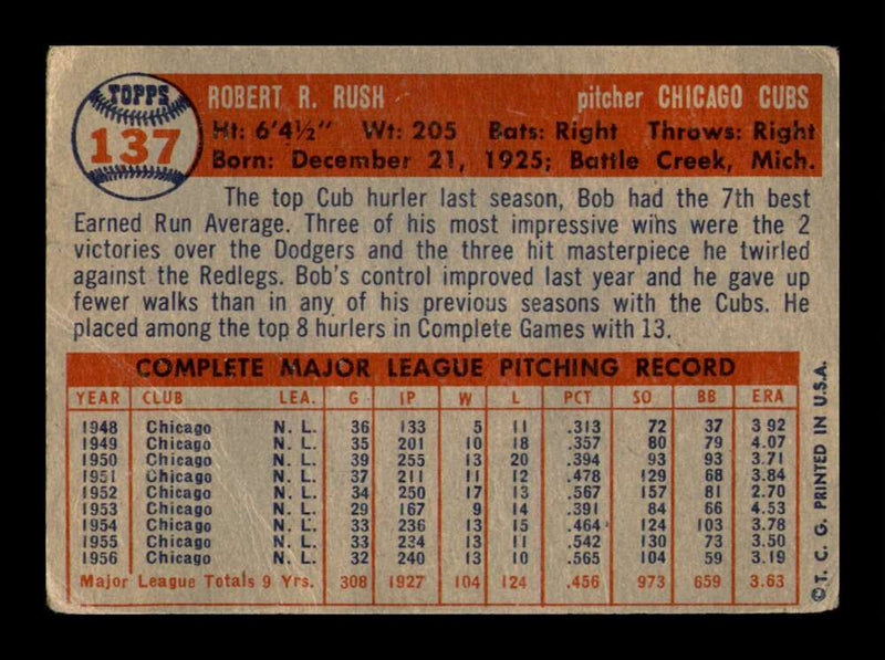 Load image into Gallery viewer, 1957 Topps Bob Rush #137 Crease Chicago Cubs Image 2
