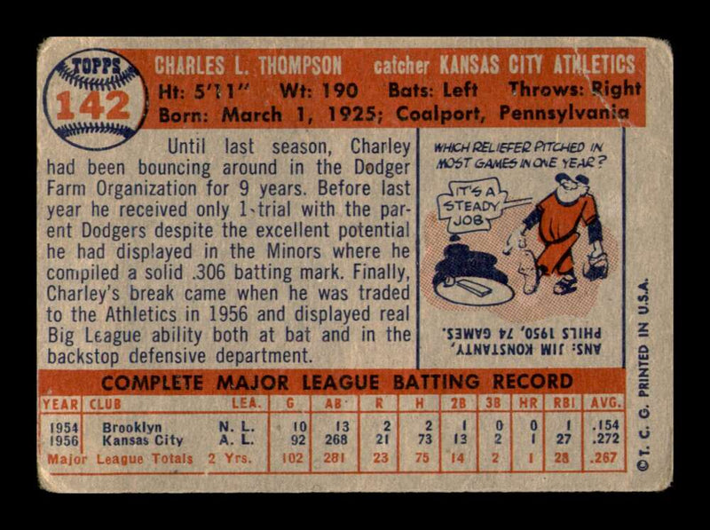 Load image into Gallery viewer, 1957 Topps Charley Thompson #142 Crease Kansas City Athletics Image 2
