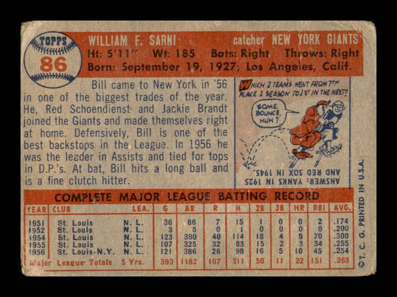 Load image into Gallery viewer, 1957 Topps Bill Sarni #86 Crease New York Giants Image 2
