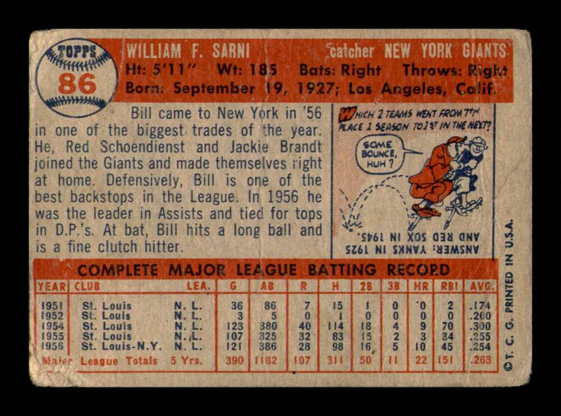 Load image into Gallery viewer, 1957 Topps Bill Sarni #86 Crease New York Giants Image 2
