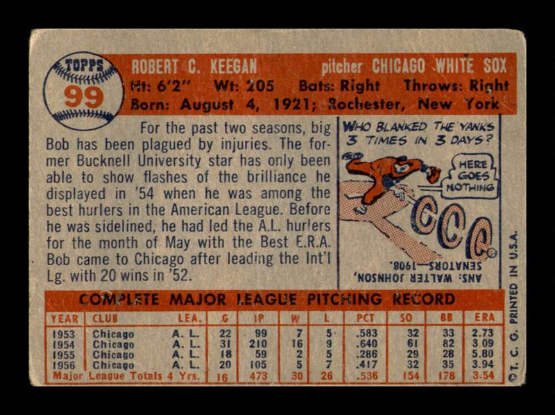 Load image into Gallery viewer, 1957 Topps Bob Keegan #99 Crease Chicago White Sox Image 2
