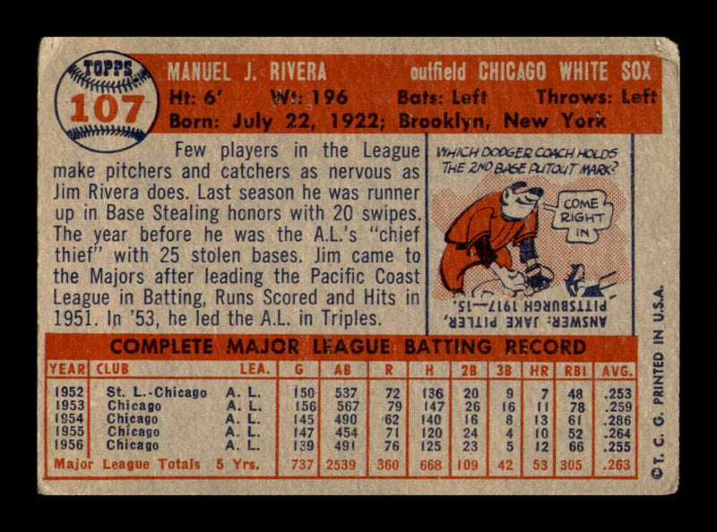 Load image into Gallery viewer, 1957 Topps Jim Rivera #107 Crease Chicago White Sox Image 2
